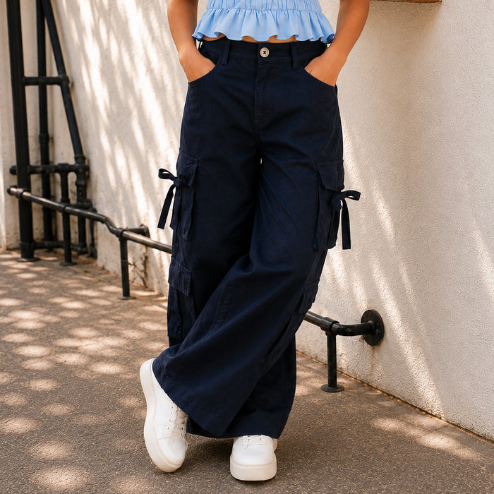 Kids Girls Combo Set with Light Blue Smocked Top & Navy Blue Relaxed Fit Casual Trouser