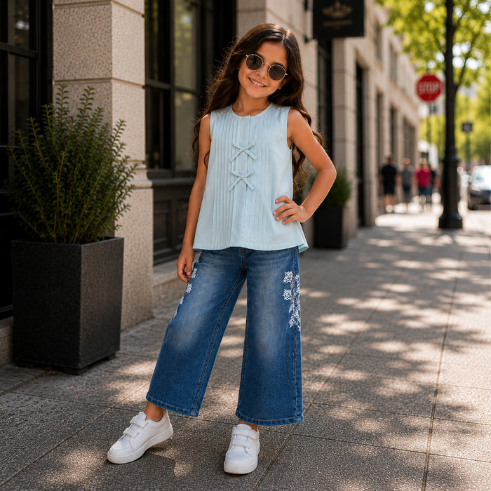 Kids Girls Combo Set with Light Blue Soft Fabric Top & Blue Comfort Fit Embroidered Jeans