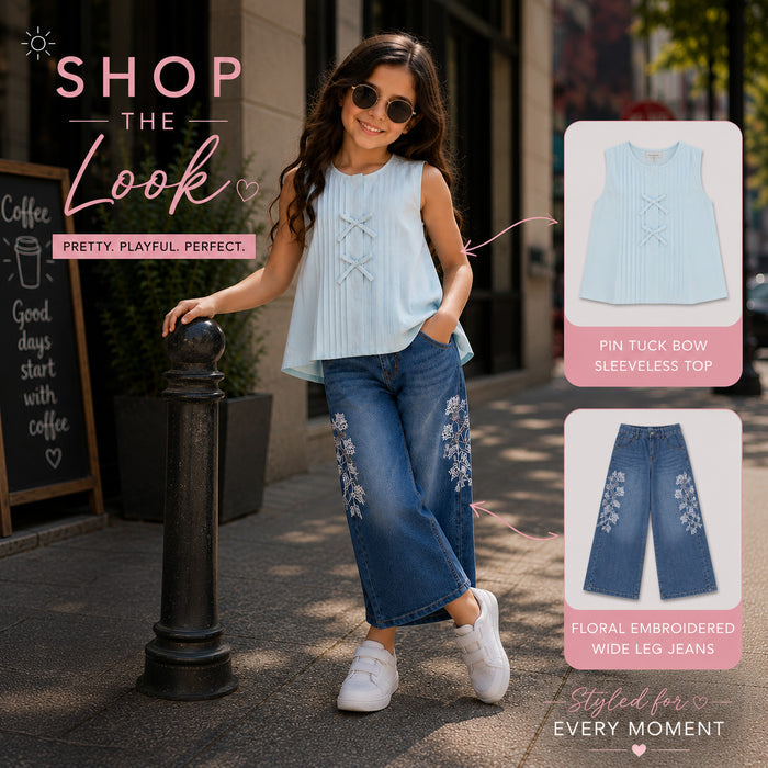 Kids Girls Combo Set with Light Blue Soft Fabric Top & Blue Comfort Fit Embroidered Jeans