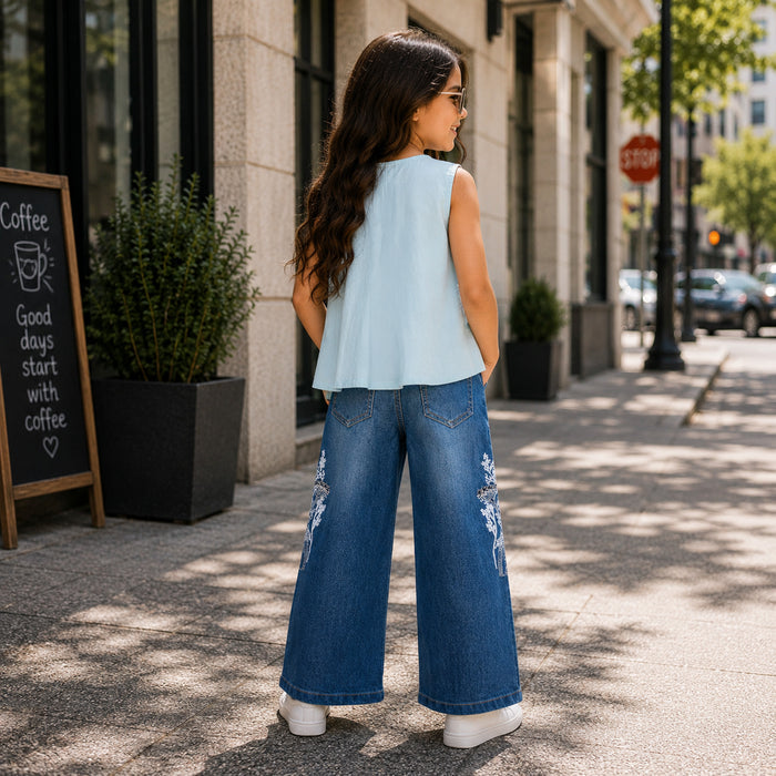 Kids Girls Combo Set with Light Blue Soft Fabric Top & Blue Comfort Fit Embroidered Jeans
