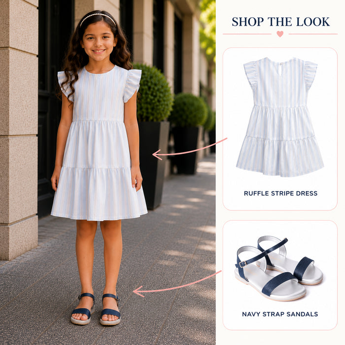 Kids Girls Combo Set with Light Blue Stripe Casual Dress & Navy Comfort Sandals