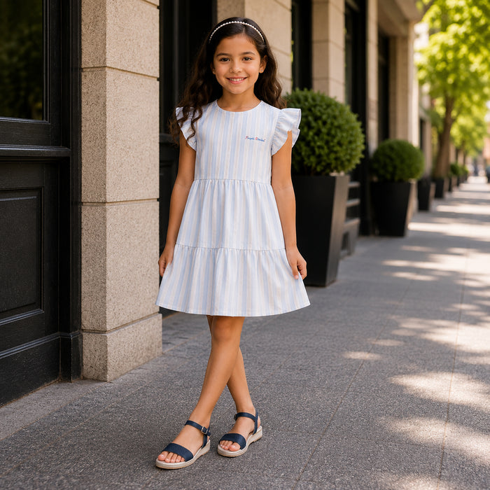 Kids Girls Combo Set with Light Blue Stripe Casual Dress & Navy Comfort Sandals