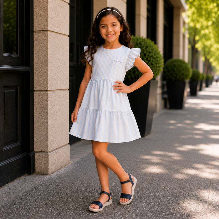 Kids Girls Combo Set with Light Blue Stripe Casual Dress & Navy Comfort Sandals