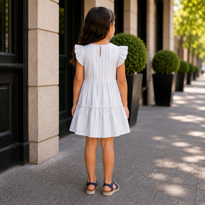 Kids Girls Combo Set with Light Blue Stripe Casual Dress & Navy Comfort Sandals