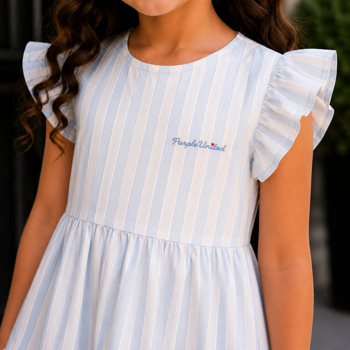 Kids Girls Combo Set with Light Blue Stripe Casual Dress & Navy Comfort Sandals