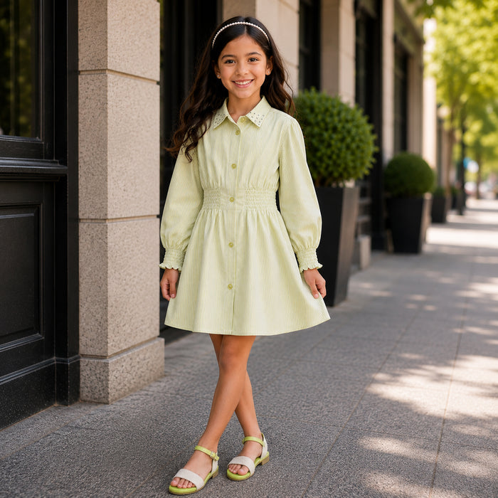 Kids Girls Combo Set with Light Green Stripe Dress & Lime Green Off White Sandals