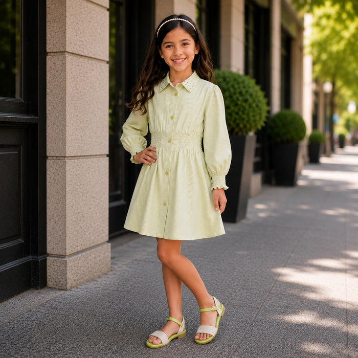 Kids Girls Combo Set with Light Green Stripe Dress & Lime Green Off White Sandals