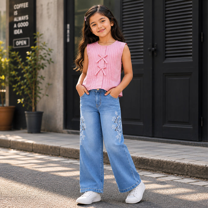 Kids Girls Combo Set with Light Pink Casual Top & Blue Comfort Fit Embroidered Jeans