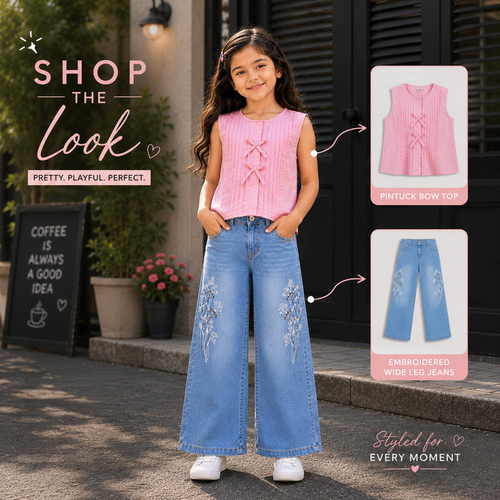 Kids Girls Combo Set with Light Pink Casual Top & Blue Comfort Fit Embroidered Jeans