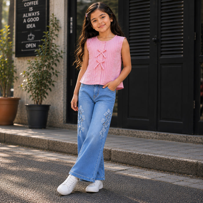 Kids Girls Combo Set with Light Pink Casual Top & Blue Comfort Fit Embroidered Jeans
