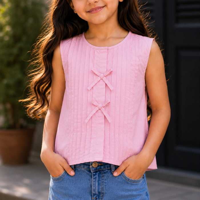 Kids Girls Combo Set with Light Pink Casual Top & Blue Comfort Fit Embroidered Jeans