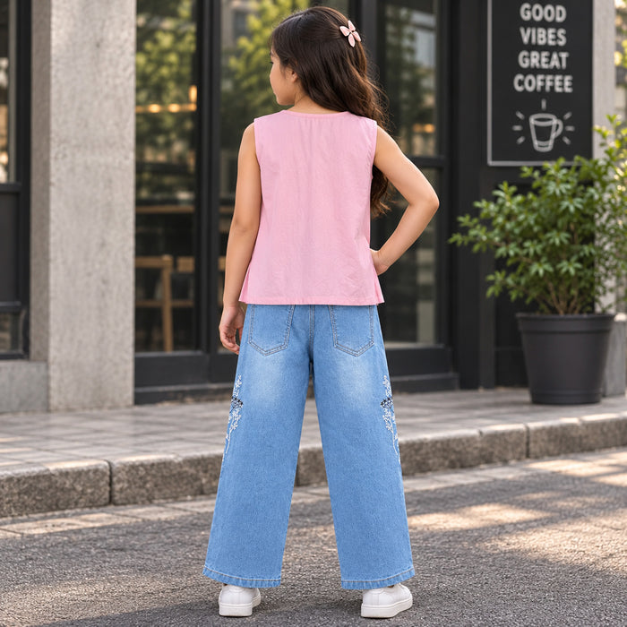Kids Girls Combo Set with Light Pink Casual Top & Blue Comfort Fit Embroidered Jeans