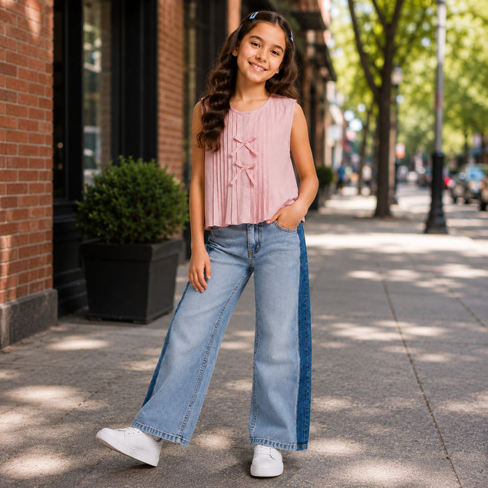 Kids Girls Combo Set with Light Pink Pleated Top & Light Blue Relaxed Fit Denim Jeans