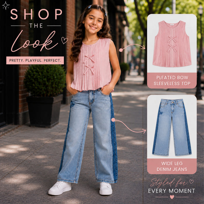 Kids Girls Combo Set with Light Pink Pleated Top & Light Blue Relaxed Fit Denim Jeans
