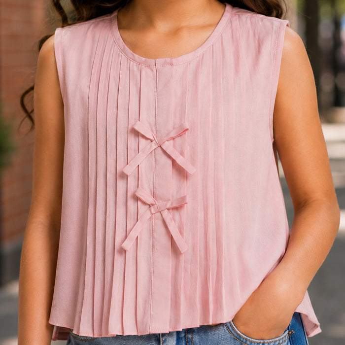 Kids Girls Combo Set with Light Pink Pleated Top & Light Blue Relaxed Fit Denim Jeans
