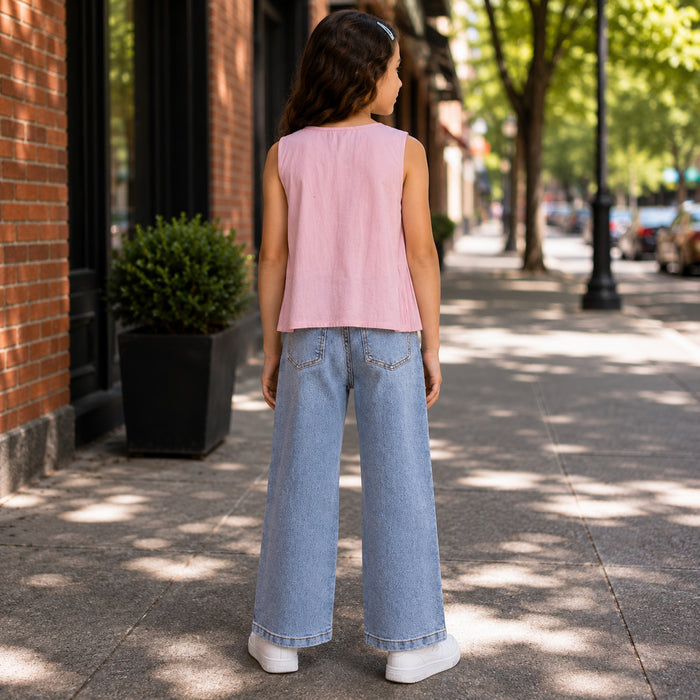 Kids Girls Combo Set with Light Pink Pleated Top & Light Blue Relaxed Fit Denim Jeans