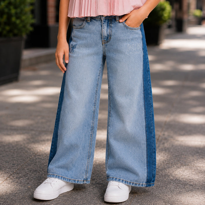 Kids Girls Combo Set with Light Pink Pleated Top & Light Blue Relaxed Fit Denim Jeans