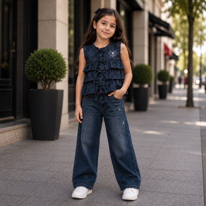 Kids Girls Combo Set with Mid Blue Casual Ruffle Top & Blue Relaxed Fit Denim Jeans