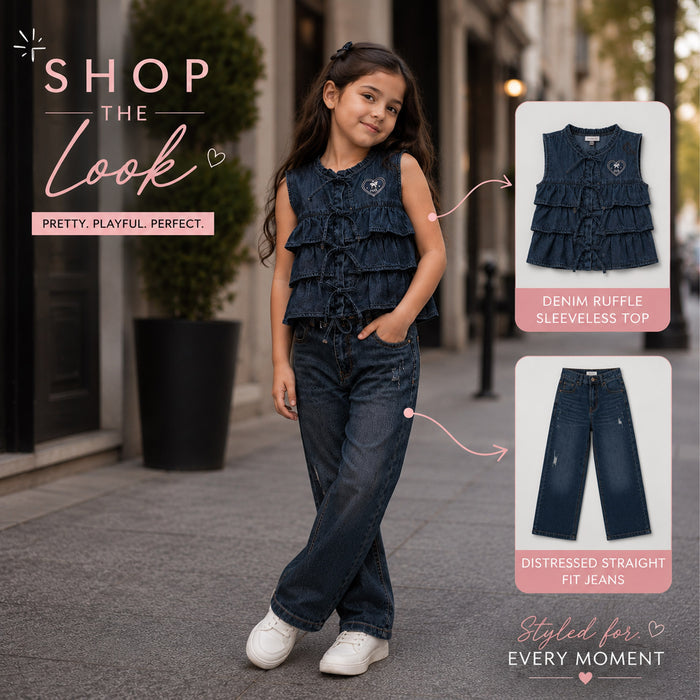 Kids Girls Combo Set with Mid Blue Casual Ruffle Top & Blue Relaxed Fit Denim Jeans