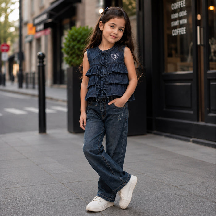 Kids Girls Combo Set with Mid Blue Casual Ruffle Top & Blue Relaxed Fit Denim Jeans