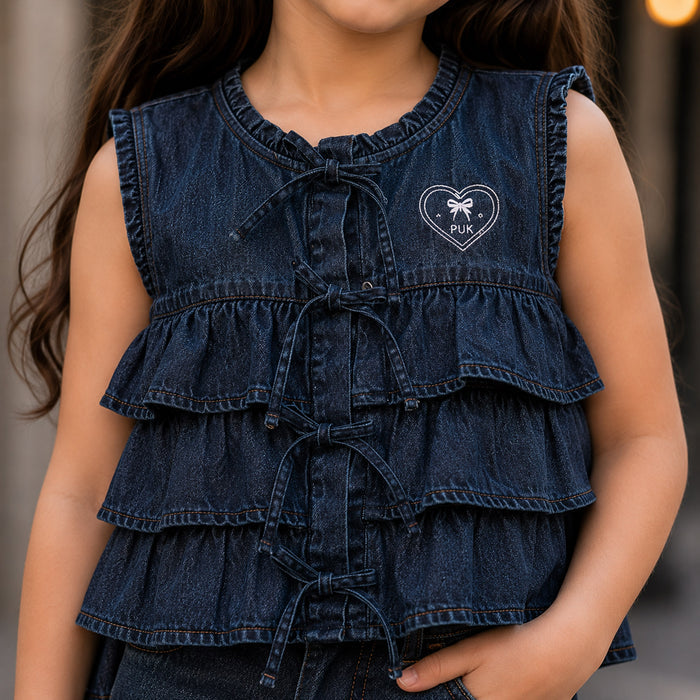 Kids Girls Combo Set with Mid Blue Casual Ruffle Top & Blue Relaxed Fit Denim Jeans