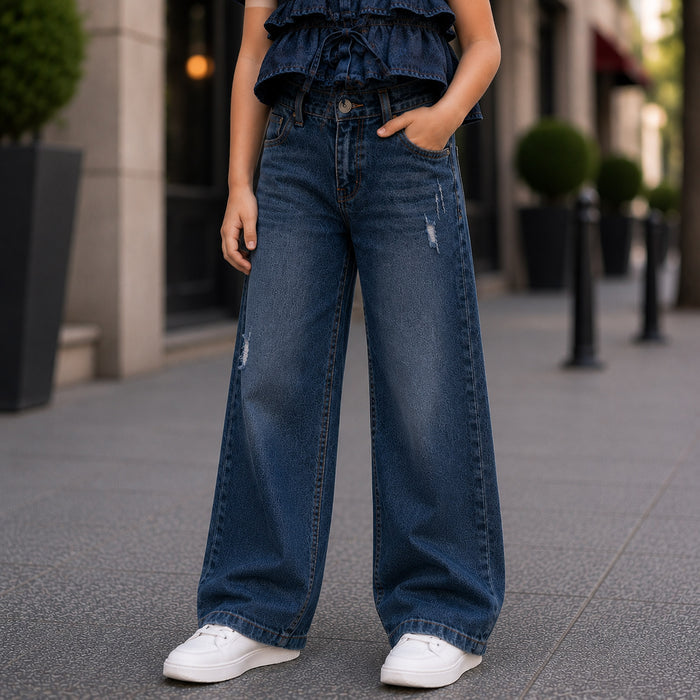 Kids Girls Combo Set with Mid Blue Casual Ruffle Top & Blue Relaxed Fit Denim Jeans