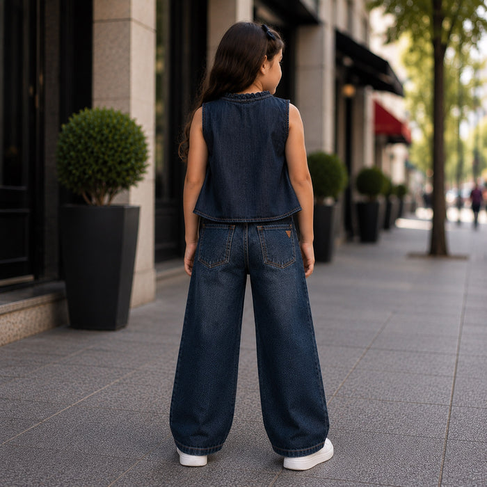Kids Girls Combo Set with Mid Blue Casual Ruffle Top & Blue Relaxed Fit Denim Jeans