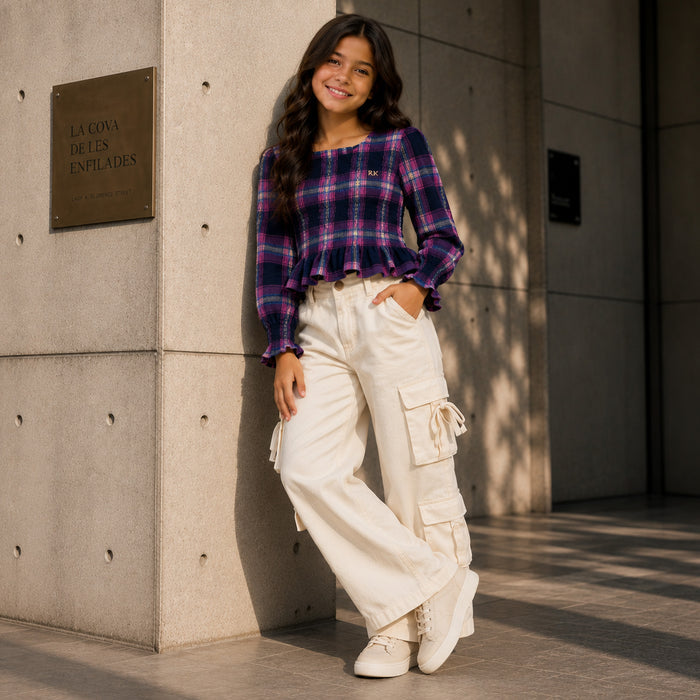 Kids Girls Combo Set with Multicolor Checked Peplum Top & Off White Relaxed Fit Cargo Trouser