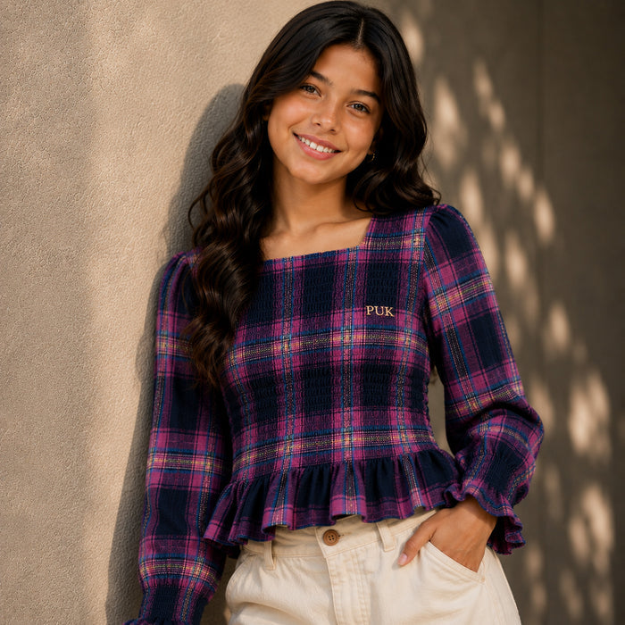 Kids Girls Combo Set with Multicolor Checked Peplum Top & Off White Relaxed Fit Cargo Trouser