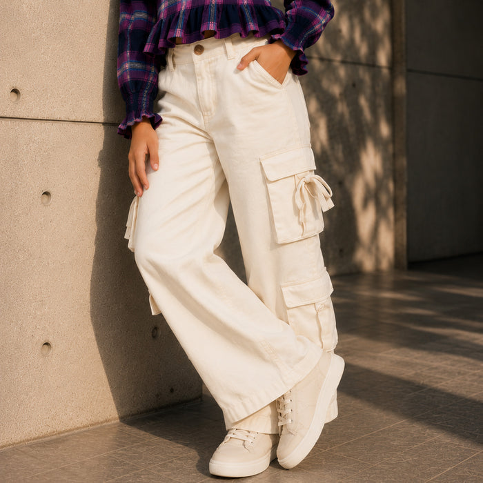 Kids Girls Combo Set with Multicolor Checked Peplum Top & Off White Relaxed Fit Cargo Trouser