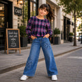 Kids Girls Combo Set with Multicolor Plaid Peplum Top & Dark Blue Bow Regular Fit Denim Jeans