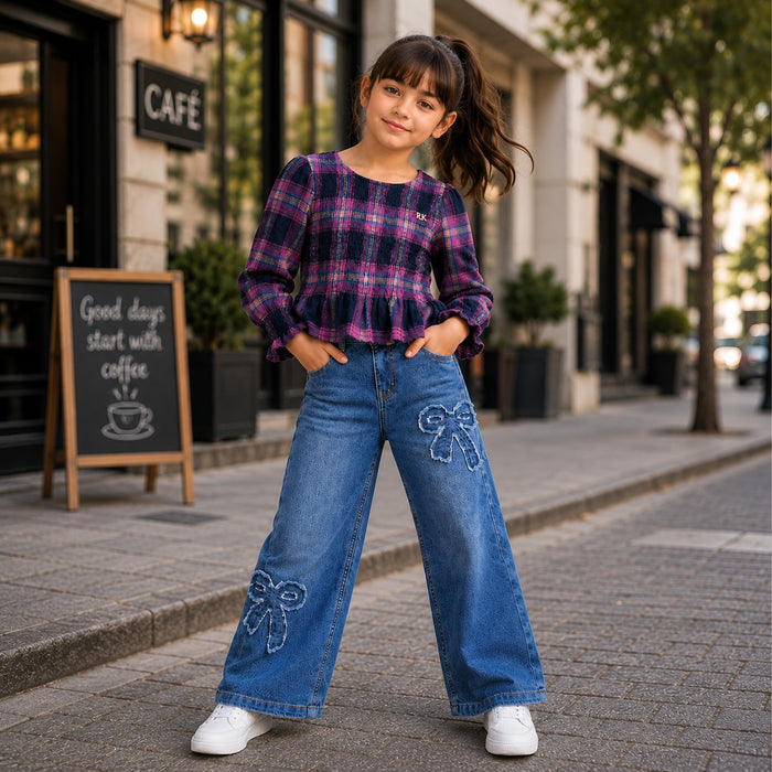 Kids Girls Combo Set with Multicolor Plaid Peplum Top & Dark Blue Bow Regular Fit Denim Jeans