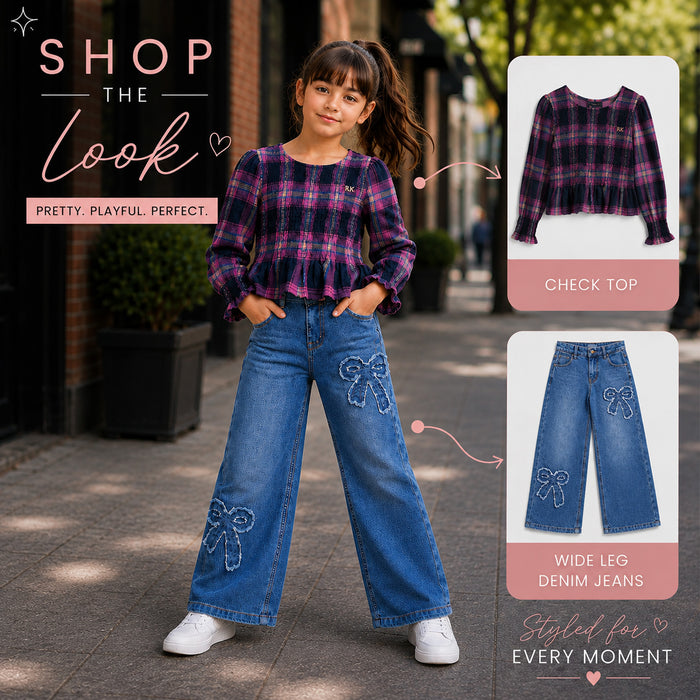 Kids Girls Combo Set with Multicolor Plaid Peplum Top & Dark Blue Bow Regular Fit Denim Jeans