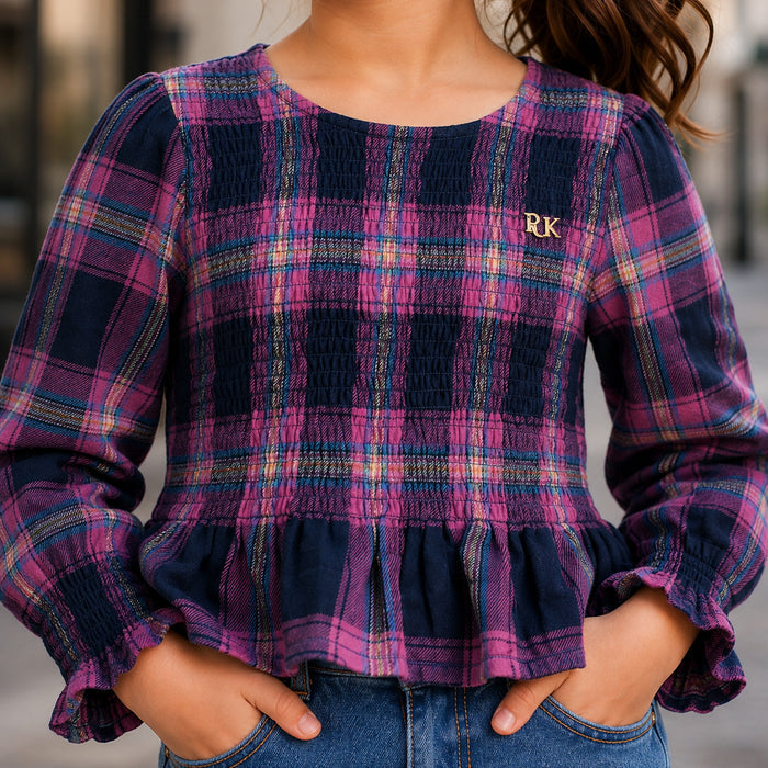 Kids Girls Combo Set with Multicolor Plaid Peplum Top & Dark Blue Bow Regular Fit Denim Jeans