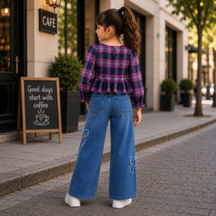 Kids Girls Combo Set with Multicolor Plaid Peplum Top & Dark Blue Bow Regular Fit Denim Jeans
