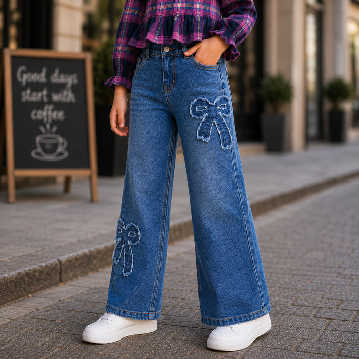 Kids Girls Combo Set with Multicolor Plaid Peplum Top & Dark Blue Bow Regular Fit Denim Jeans