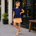 Kids Girls Combo Set with Navy Blue Casual Peplum Top & Yellow Comfort Fit Wrap Skort