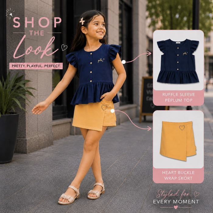 Kids Girls Combo Set with Navy Blue Casual Peplum Top & Yellow Comfort Fit Wrap Skort