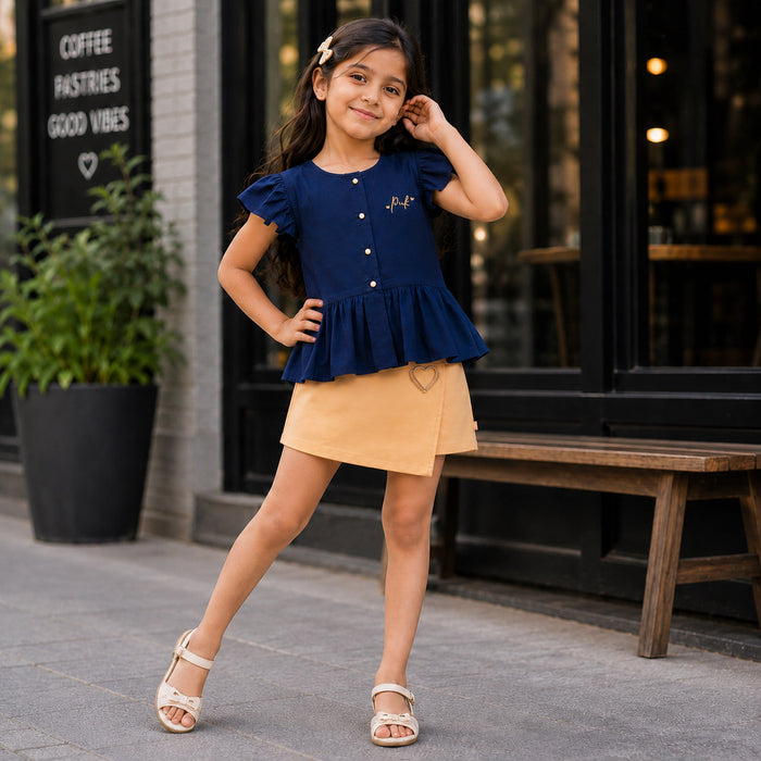 Kids Girls Combo Set with Navy Blue Casual Peplum Top & Yellow Comfort Fit Wrap Skort