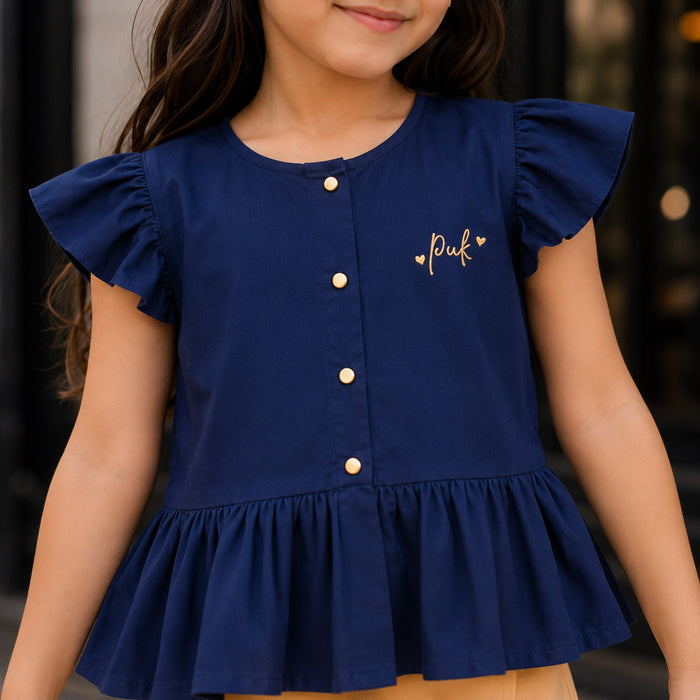 Kids Girls Combo Set with Navy Blue Casual Peplum Top & Yellow Comfort Fit Wrap Skort