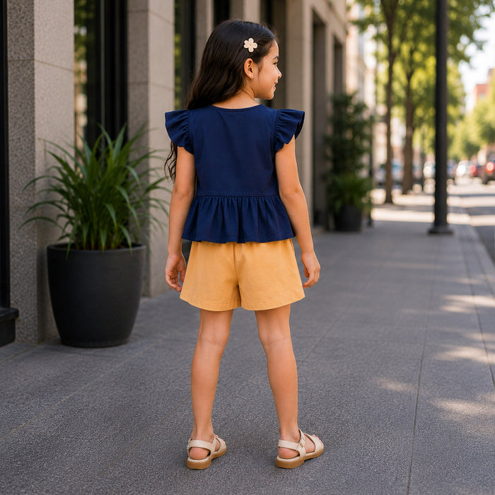 Kids Girls Combo Set with Navy Blue Casual Peplum Top & Yellow Comfort Fit Wrap Skort