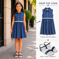 Kids Girls Combo Set with Navy Blue Floral Casual Dress & Silver Navy Comfort Sandals