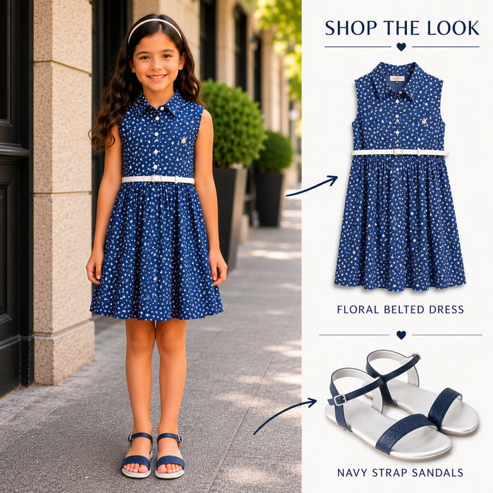 Kids Girls Combo Set with Navy Blue Floral Casual Dress & Silver Navy Comfort Sandals