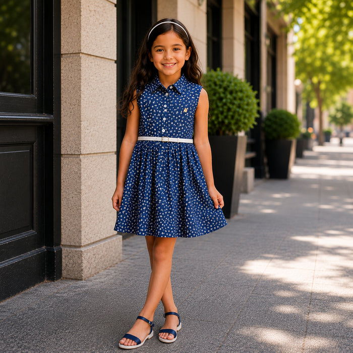 Kids Girls Combo Set with Navy Blue Floral Casual Dress & Silver Navy Comfort Sandals