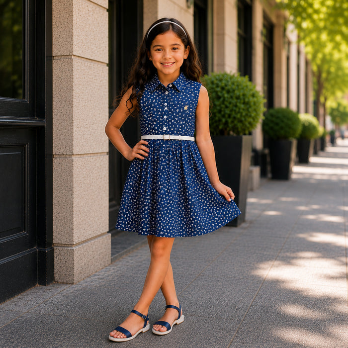 Kids Girls Combo Set with Navy Blue Floral Casual Dress & Silver Navy Comfort Sandals