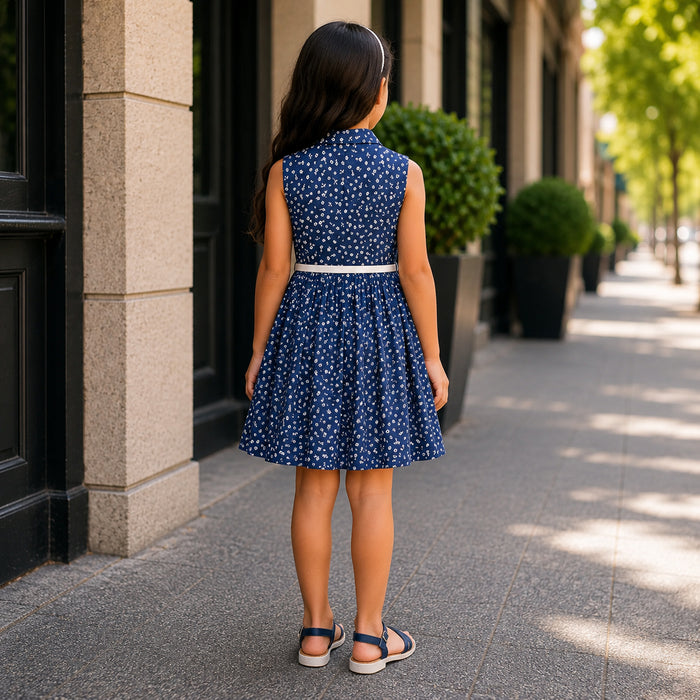 Kids Girls Combo Set with Navy Blue Floral Casual Dress & Silver Navy Comfort Sandals