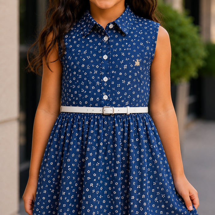 Kids Girls Combo Set with Navy Blue Floral Casual Dress & Silver Navy Comfort Sandals