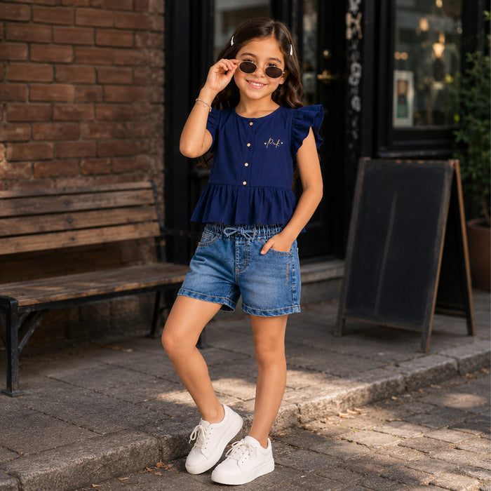 Kids Girls Combo Set with Navy Flutter Sleeve Top & Light Blue Comfort Fit Denim Shorts