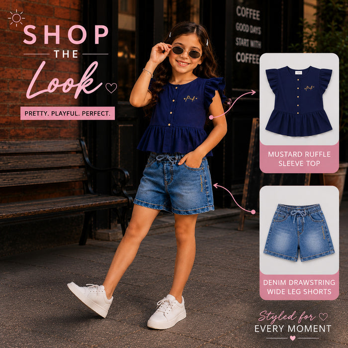 Kids Girls Combo Set with Navy Flutter Sleeve Top & Light Blue Comfort Fit Denim Shorts