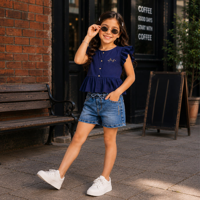 Kids Girls Combo Set with Navy Flutter Sleeve Top & Light Blue Comfort Fit Denim Shorts